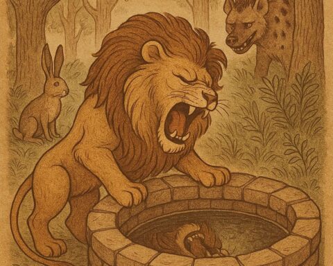 A lion roaring into a forest well at his reflection while a hare watches cleverly and a hyena stands nearby – Guinean folktale