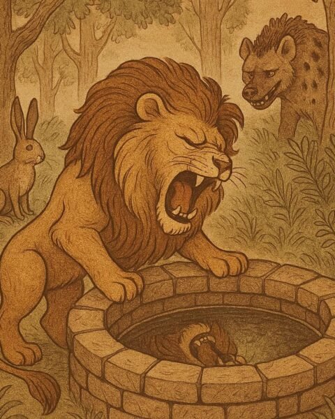 A lion roaring into a forest well at his reflection while a hare watches cleverly and a hyena stands nearby – Guinean folktale