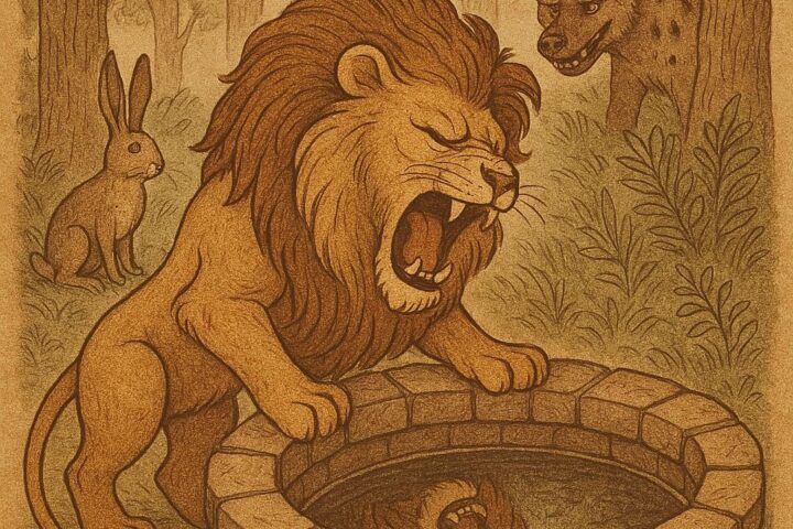 A lion roaring into a forest well at his reflection while a hare watches cleverly and a hyena stands nearby – Guinean folktale