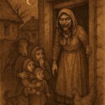 A cannibal woman disguised in a villager's clothes standing at a village doorway at night - Somali folktale