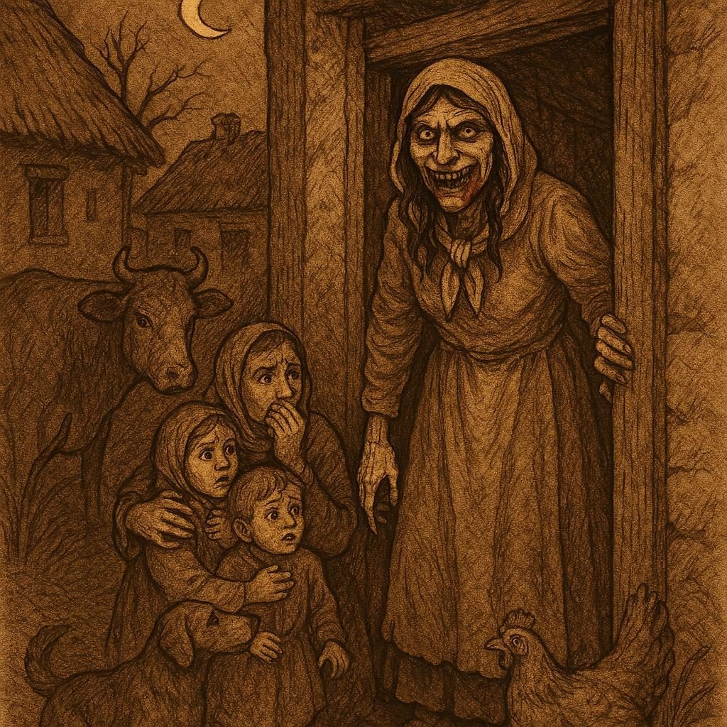 A cannibal woman disguised in a villager's clothes standing at a village doorway at night - Somali folktale