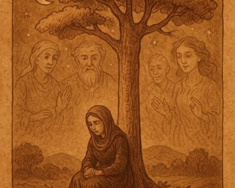Widow under a silk-cotton tree speaking with ancestral spirits -Sierra Leonean folktale style