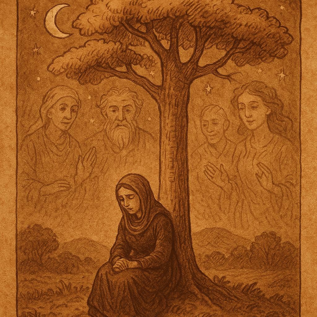 Widow under a silk-cotton tree speaking with ancestral spirits -Sierra Leonean folktale style