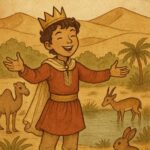 A young prince standing at a desert oasis with animals nearby - Mauritanian folktale