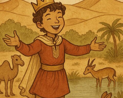 A young prince standing at a desert oasis with animals nearby - Mauritanian folktale