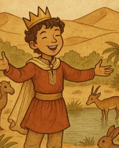 A young prince standing at a desert oasis with animals nearby - Mauritanian folktale