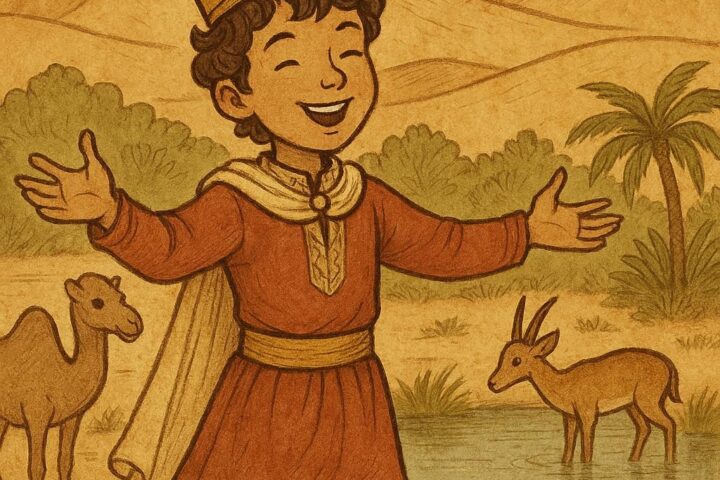 A young prince standing at a desert oasis with animals nearby - Mauritanian folktale