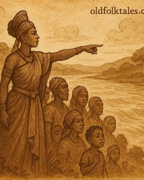 Alt Text: Queen Abla Pokou stands with her people by a wide river, pointing toward the far bank as they prepare to cross - Ivorian folktale