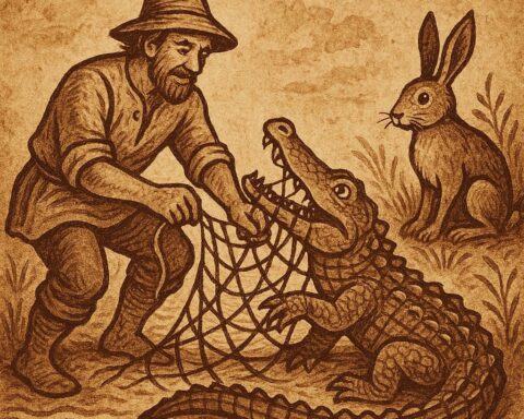 Fisherman frees a crocodile from a net while hare observes - Sierra Leonean folktale