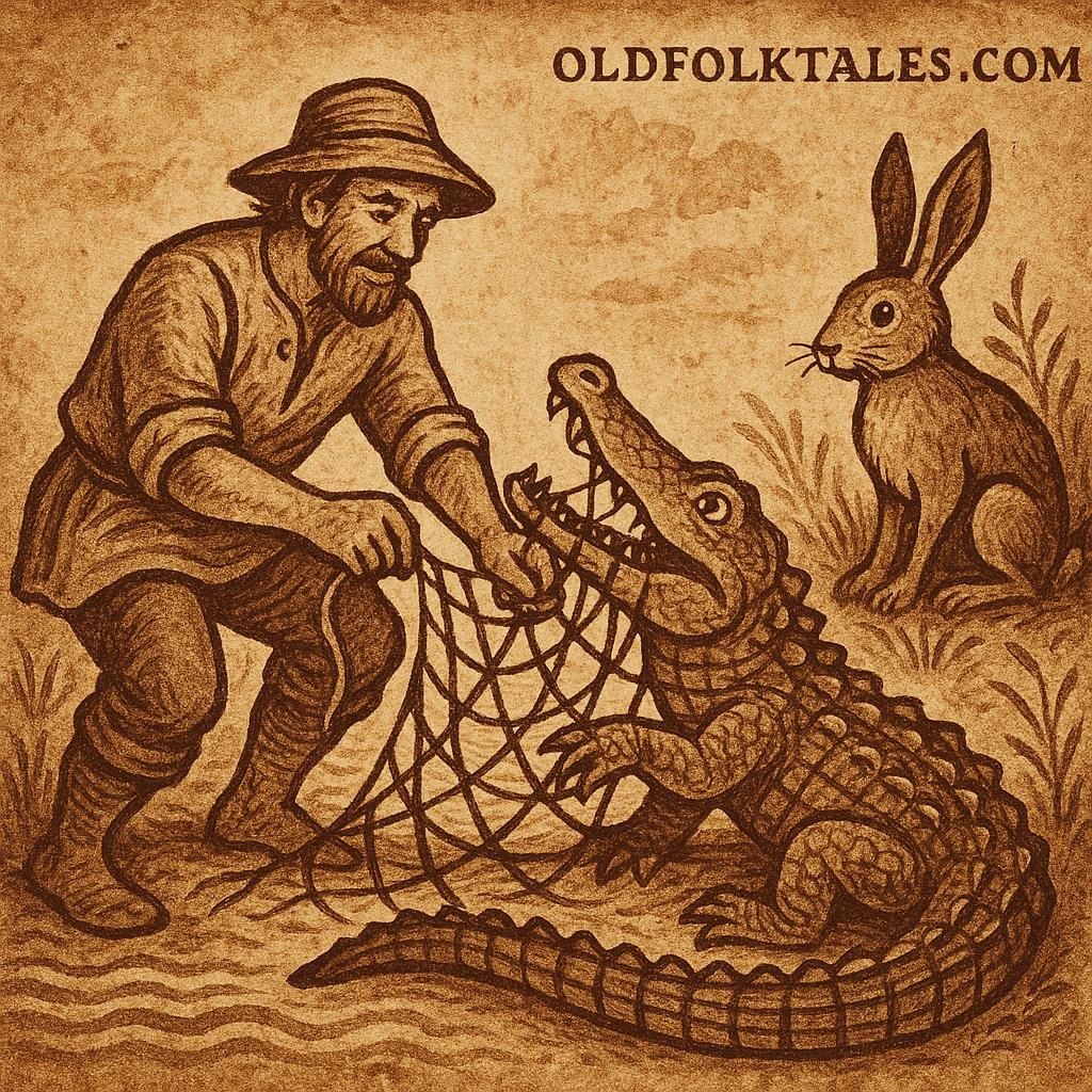 Fisherman frees a crocodile from a net while hare observes - Sierra Leonean folktale
