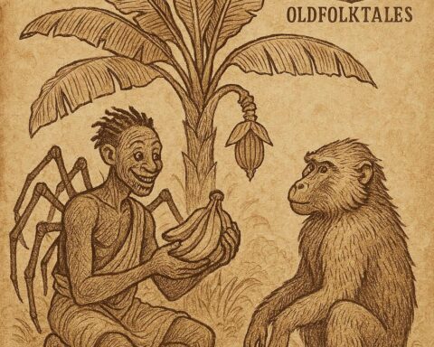 Kweku Ananse holding bananas while Baboon stands beside a banana tree – Ghanaian Folktale