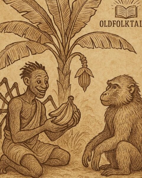 Kweku Ananse holding bananas while Baboon stands beside a banana tree – Ghanaian Folktale