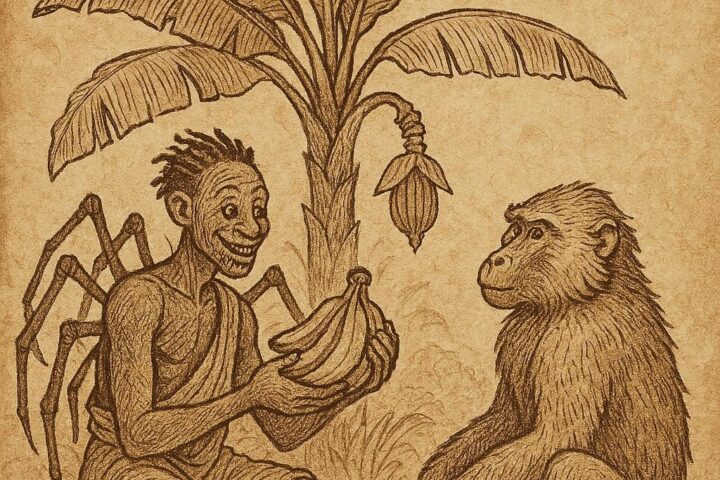 Kweku Ananse holding bananas while Baboon stands beside a banana tree – Ghanaian Folktale