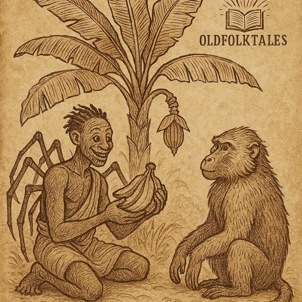 Kweku Ananse holding bananas while Baboon stands beside a banana tree – Ghanaian Folktale