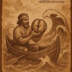 fisherman at sea holding a large coco de mer nut as waves rise around his canoe