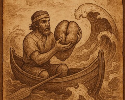 fisherman at sea holding a large coco de mer nut as waves rise around his canoe