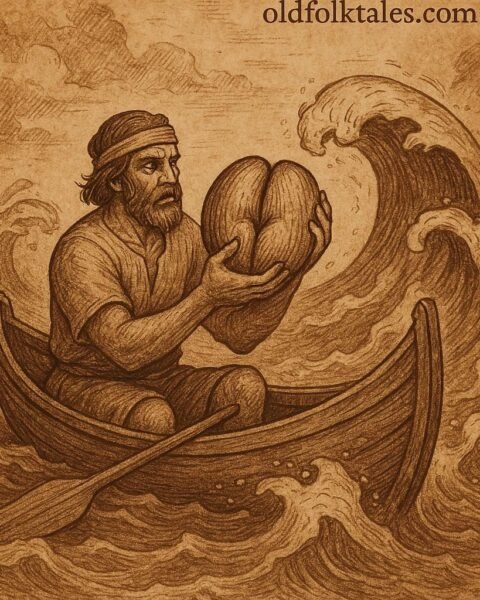 fisherman at sea holding a large coco de mer nut as waves rise around his canoe