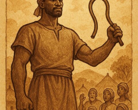 Sunjata standing for the first time with a bent iron rod as villagers look on in wonder - Guinea folktale