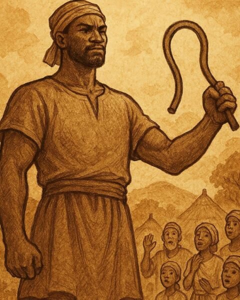 Sunjata standing for the first time with a bent iron rod as villagers look on in wonder - Guinea folktale