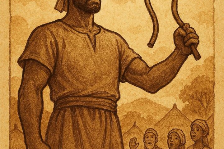 Sunjata standing for the first time with a bent iron rod as villagers look on in wonder - Guinea folktale