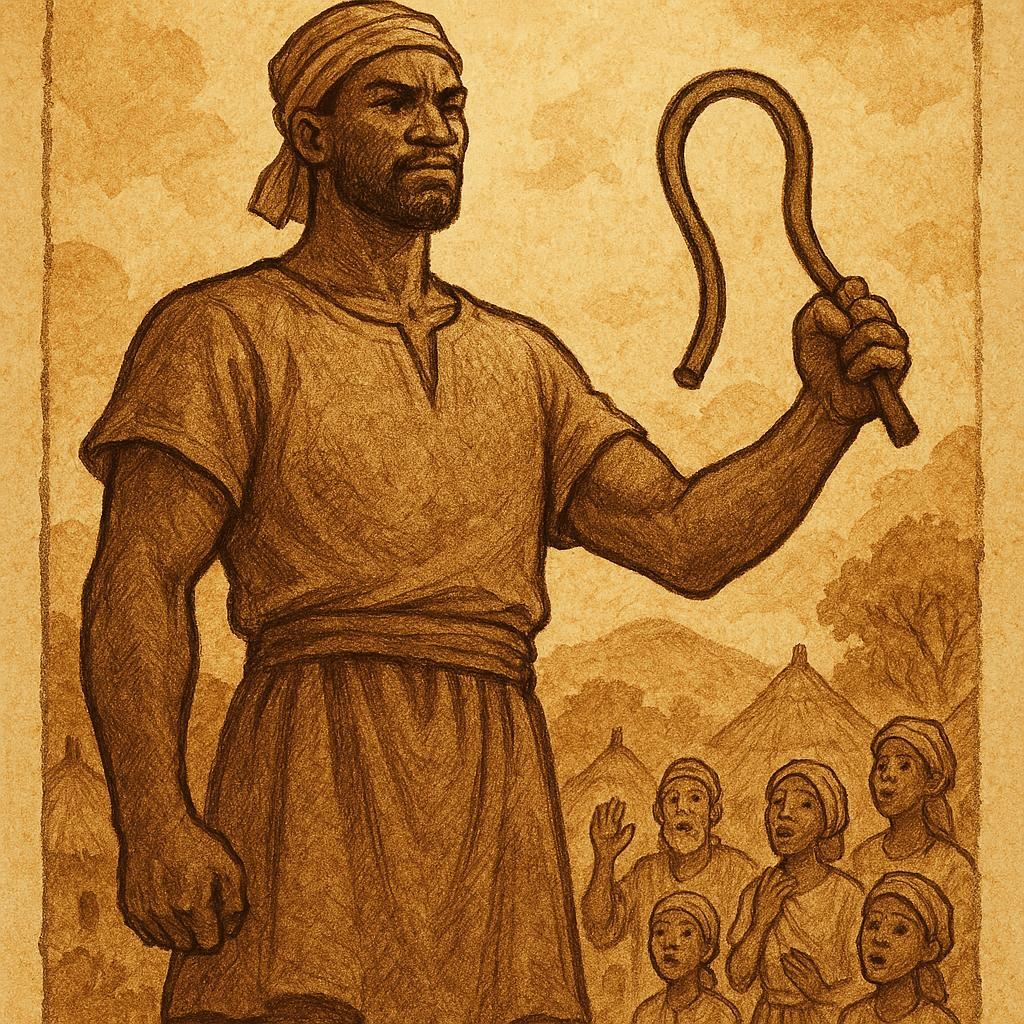 Sunjata standing for the first time with a bent iron rod as villagers look on in wonder - Guinea folktale