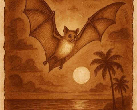 a glowing flying fox bat flying across a moonlit Seychellois sky above palm trees and ocean, symbolizing its link to ancestral spirits.