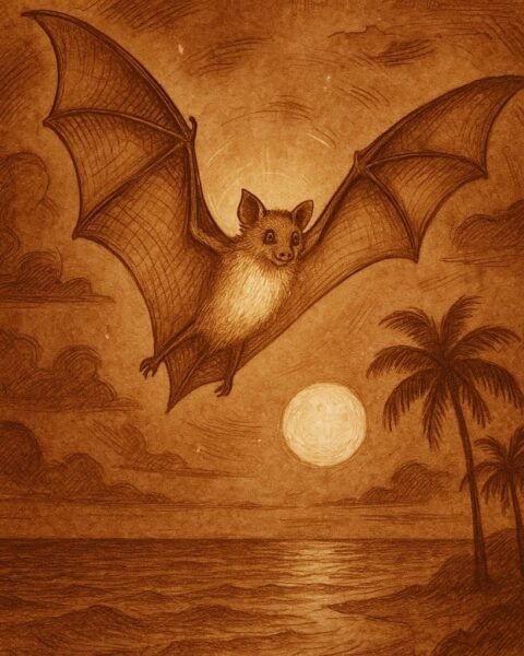 a glowing flying fox bat flying across a moonlit Seychellois sky above palm trees and ocean, symbolizing its link to ancestral spirits.