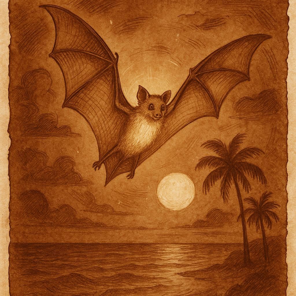 a glowing flying fox bat flying across a moonlit Seychellois sky above palm trees and ocean, symbolizing its link to ancestral spirits.