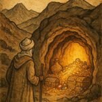 An Amazigh villager gazing at a glowing hidden cave filled with treasure and jewels in the Moroccan mountains.