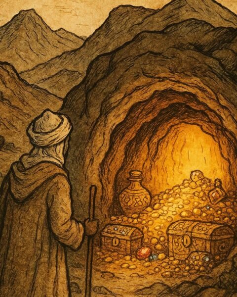 An Amazigh villager gazing at a glowing hidden cave filled with treasure and jewels in the Moroccan mountains.