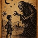 A brave Moroccan orphan facing a monstrous ghoul under the desert night - Moroccan Folktale
