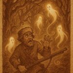 a hunter facing glowing forest spirits with twisted shadows and swirling winds, inspired by a Kabye folktale