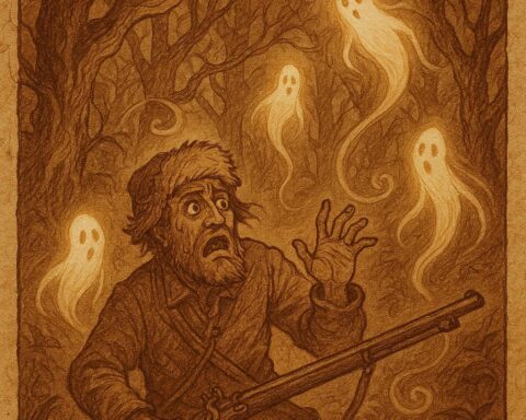 a hunter facing glowing forest spirits with twisted shadows and swirling winds, inspired by a Kabye folktale
