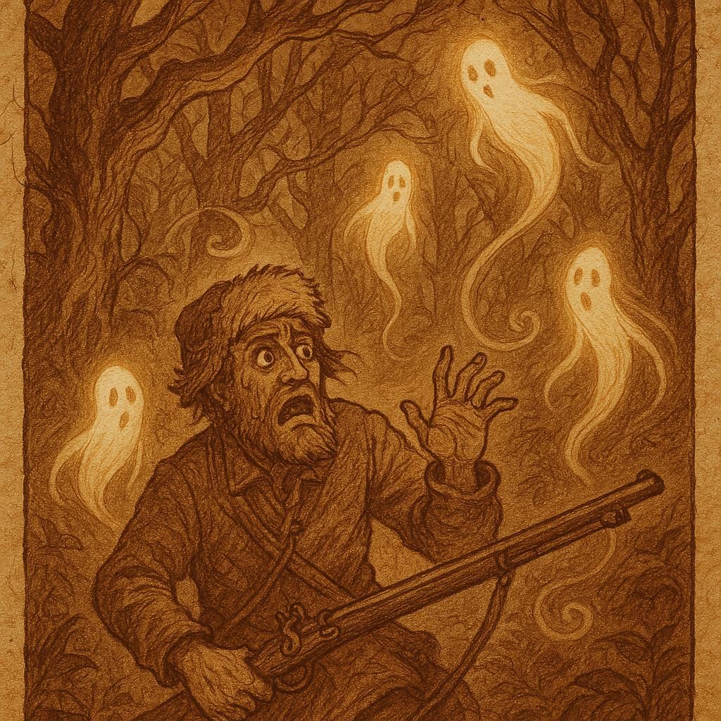 a hunter facing glowing forest spirits with twisted shadows and swirling winds, inspired by a Kabye folktale