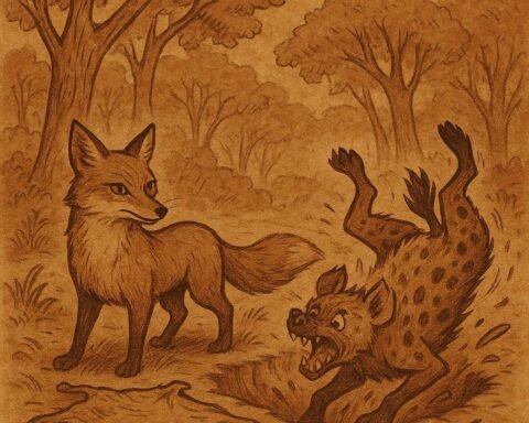 Mother Fox tricks the greedy Hyena into falling into a hidden pit covered with goatskin in a Tigray forest