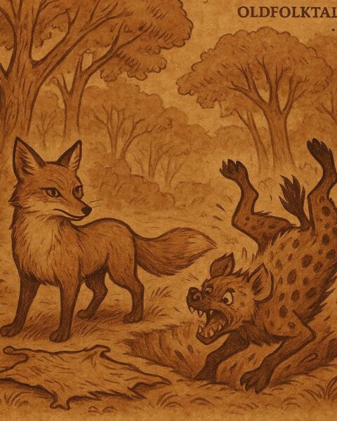Mother Fox tricks the greedy Hyena into falling into a hidden pit covered with goatskin in a Tigray forest