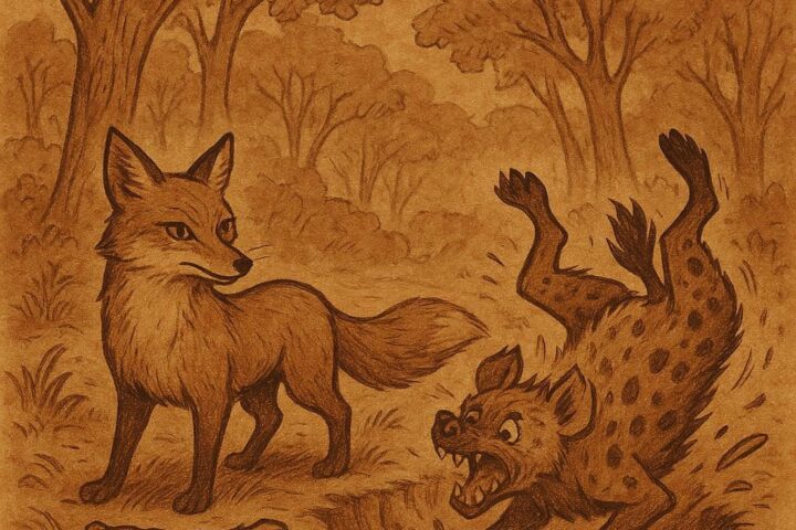 Mother Fox tricks the greedy Hyena into falling into a hidden pit covered with goatskin in a Tigray forest
