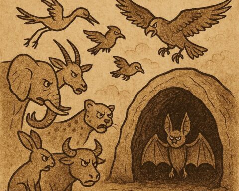 a Liberian folktale showing a bat hiding inside a cave while angry animals gather outside and birds fly above