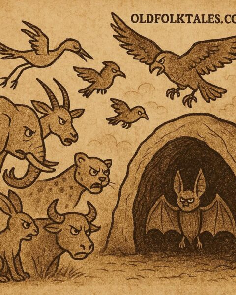 a Liberian folktale showing a bat hiding inside a cave while angry animals gather outside and birds fly above