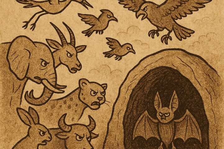 a Liberian folktale showing a bat hiding inside a cave while angry animals gather outside and birds fly above