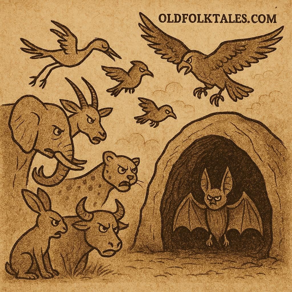 a Liberian folktale showing a bat hiding inside a cave while angry animals gather outside and birds fly above