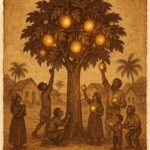 a magical breadfruit tree in a Seychellois village, full of glowing fruit. Some villagers take only what they need, while others grab greedily.