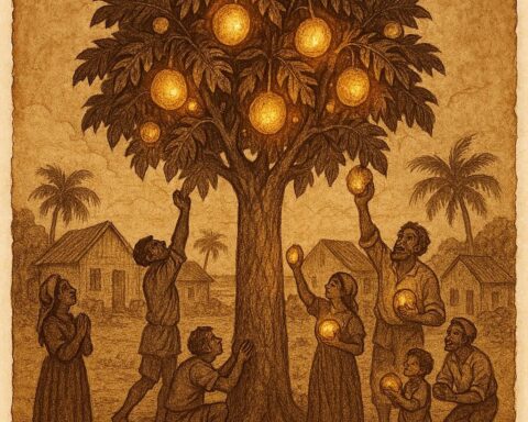 a magical breadfruit tree in a Seychellois village, full of glowing fruit. Some villagers take only what they need, while others grab greedily.