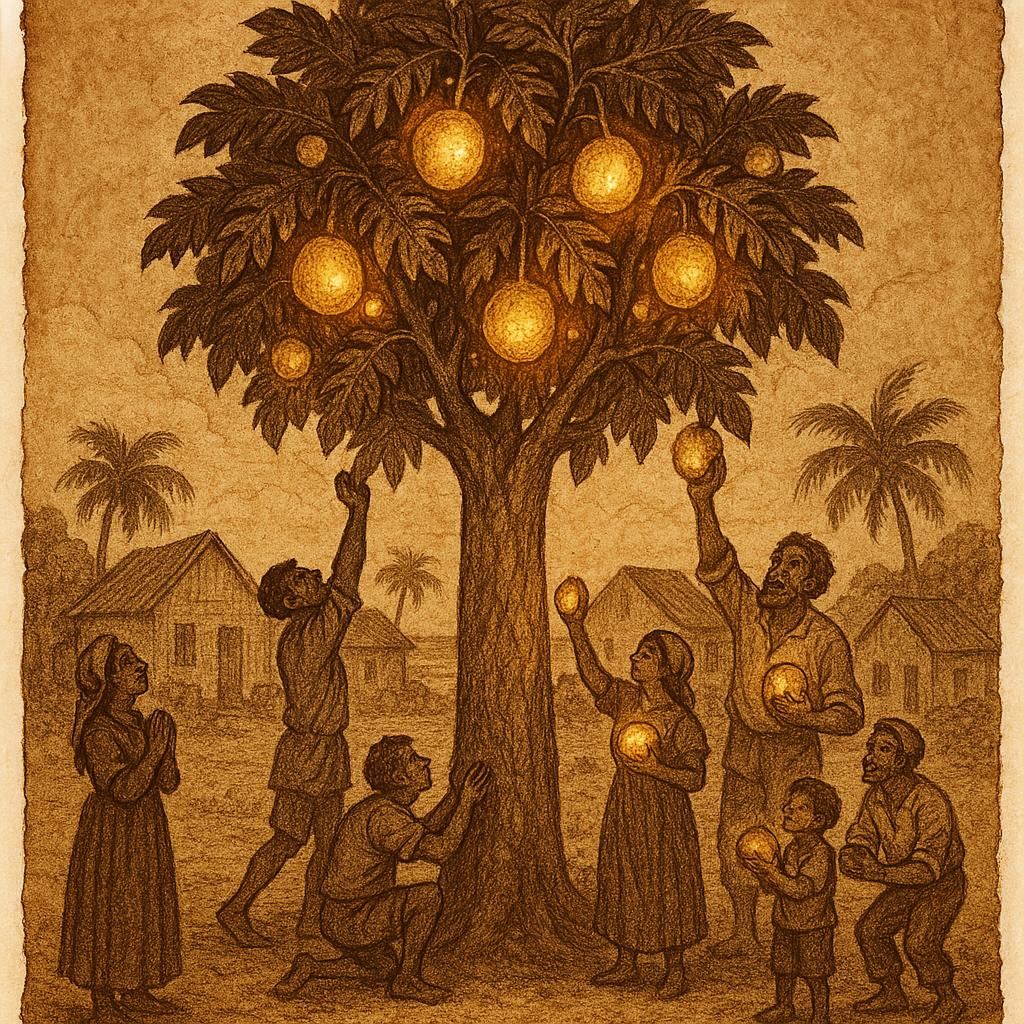 a magical breadfruit tree in a Seychellois village, full of glowing fruit. Some villagers take only what they need, while others grab greedily.