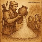 Hunter’s clay pot overflowing with endless rice as villagers watch -Sierra Leonean folktale style