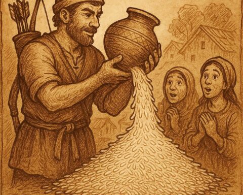 Hunter’s clay pot overflowing with endless rice as villagers watch -Sierra Leonean folktale style