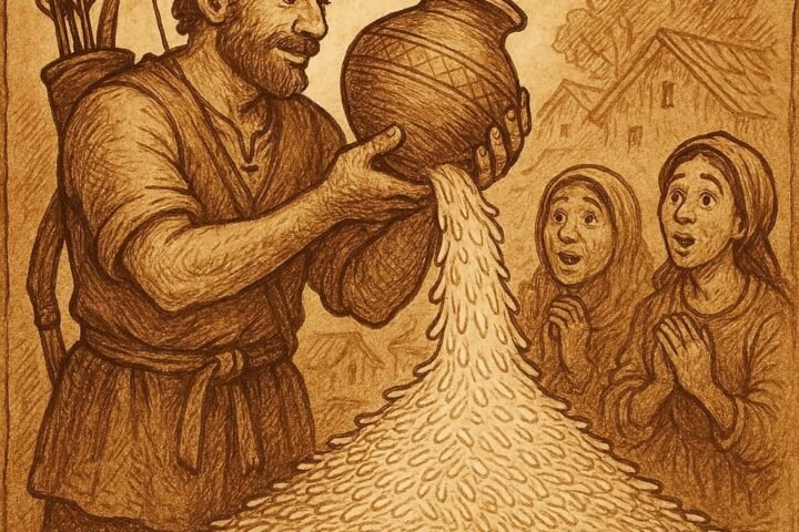 Hunter’s clay pot overflowing with endless rice as villagers watch -Sierra Leonean folktale style