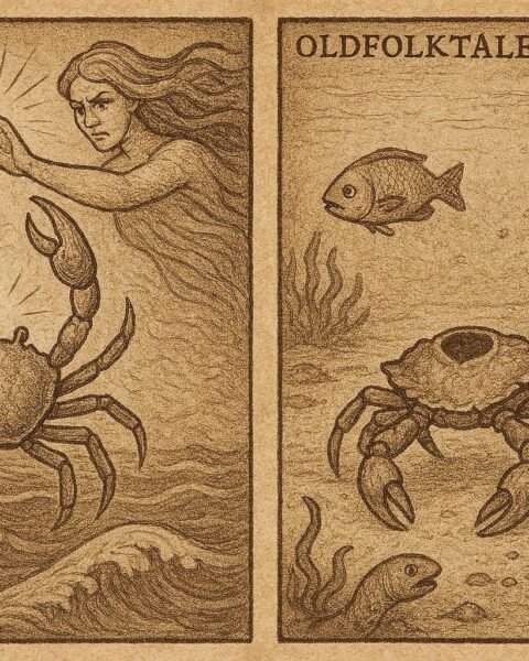 proud crab losing its head after being punished by the Sea Spirit, shown crawling on the sandy ocean floor while other sea creatures look on.