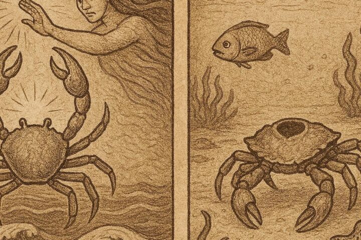 proud crab losing its head after being punished by the Sea Spirit, shown crawling on the sandy ocean floor while other sea creatures look on.