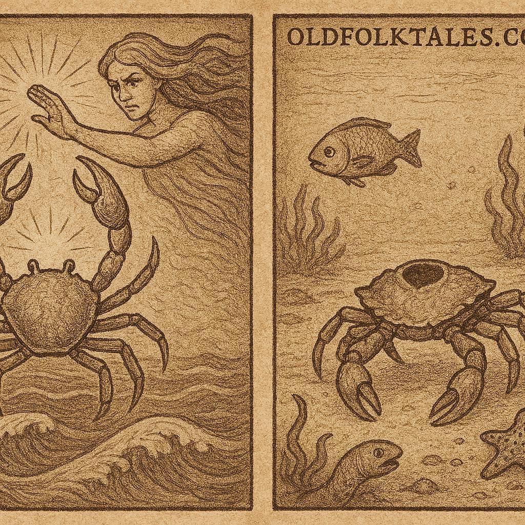 proud crab losing its head after being punished by the Sea Spirit, shown crawling on the sandy ocean floor while other sea creatures look on.